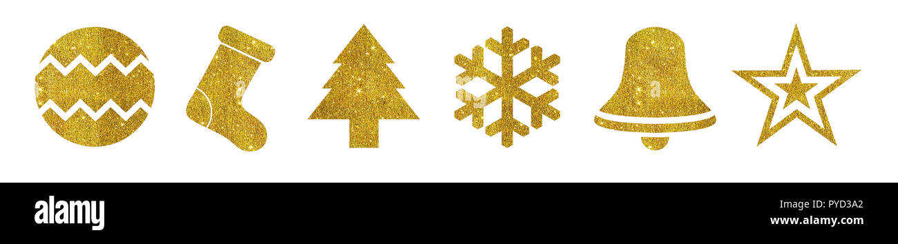 Golden Christmas Ornaments auf weißem Hintergrund Stockfoto