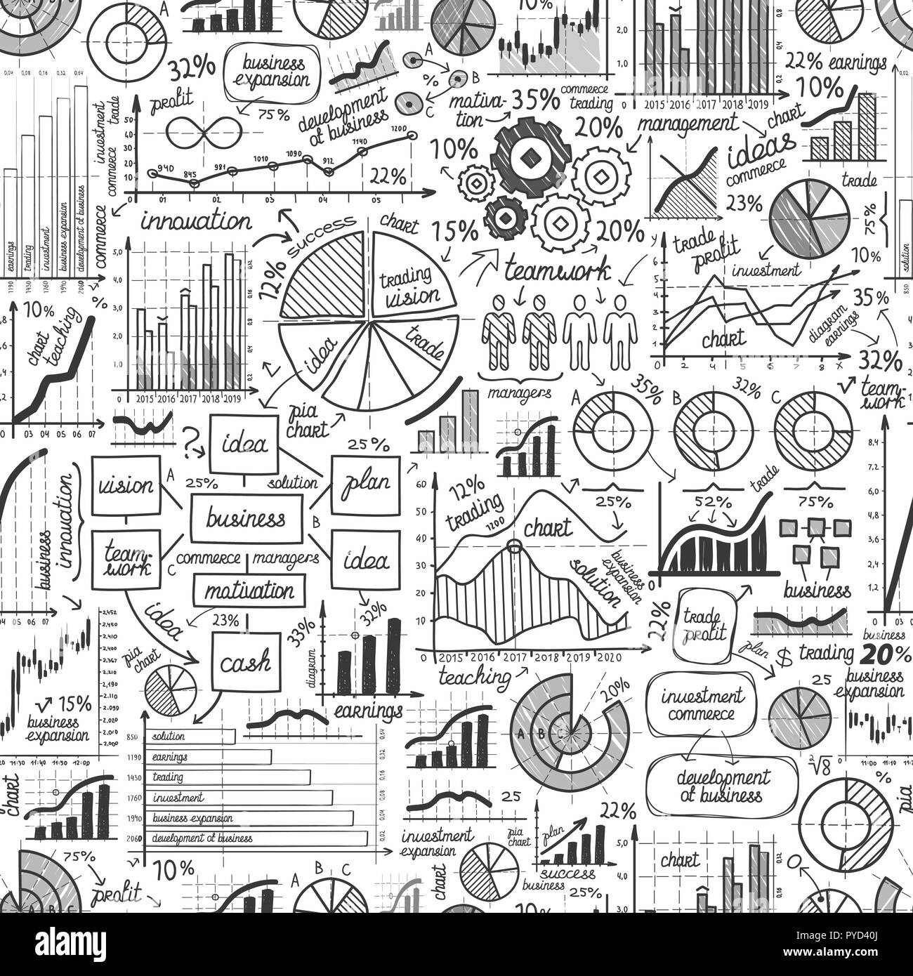 Business, nahtlose Hintergrund. Handgezeichnete Grafik, Diagramm. Doodle Vector Illustration Stock Vektor