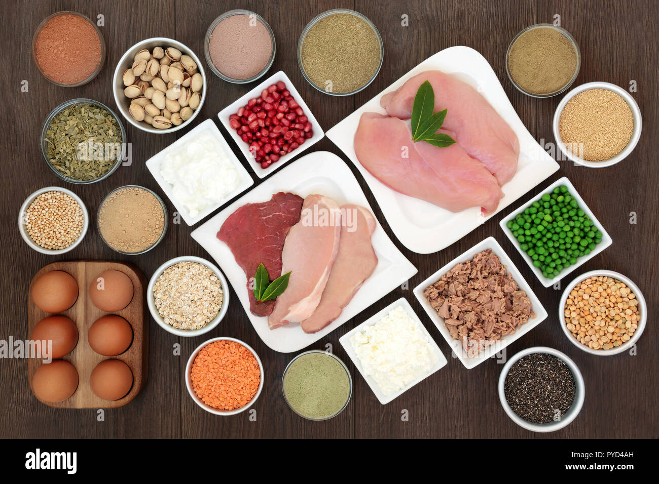 Body building Gesundheit Nahrung mit hohem Proteingehalt mageres Hühnchen, Steak und Schweinefleisch, Fleisch, Milchprodukte, zu ergänzen, zu Pulver, Hülsenfrüchte, Nüsse, Samen, Getreide, Getreide, Ginkgo Stockfoto