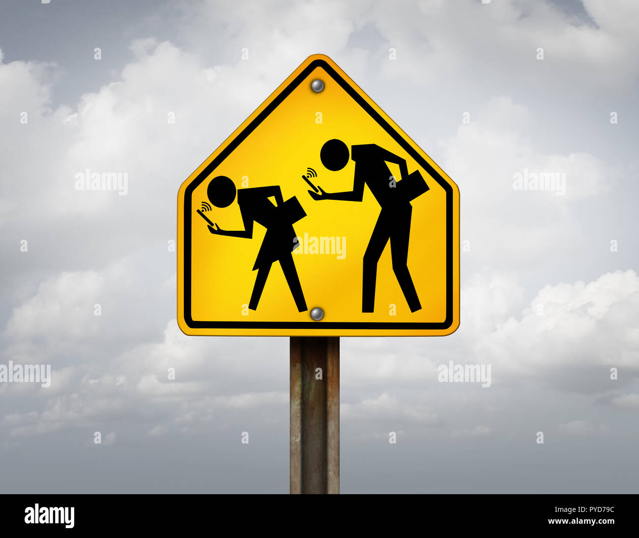 Technologie und Studenten mit internetsucht Holding Smartphones oder mobile Geräte als Schule crossing Schild mit jungen Menschen am Internet angeschlossen. Stockfoto