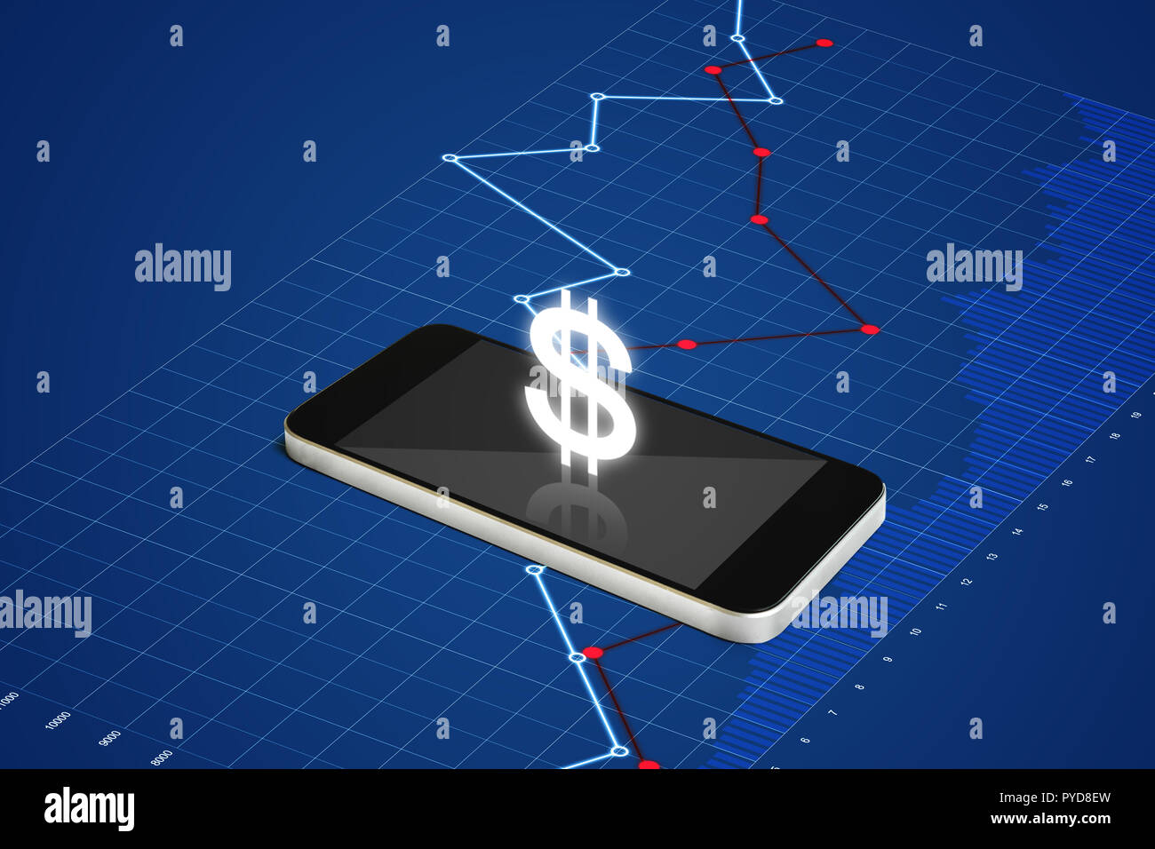 Geld auf Handy, digitale Währung und elektronische Online-banking-Konzept. Smart Phone mit Währung Zeichen und Grafik Stockfoto