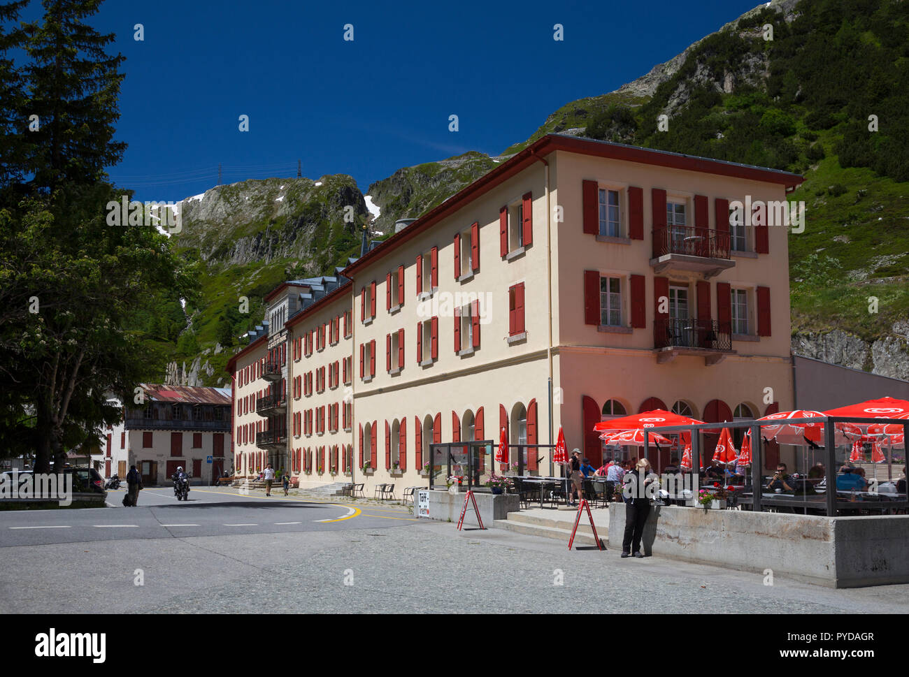 Grand Hotel Glacier du Rhône, Café und rest stop auf dem Furkapass, Gletsch, Schweiz. Stockfoto