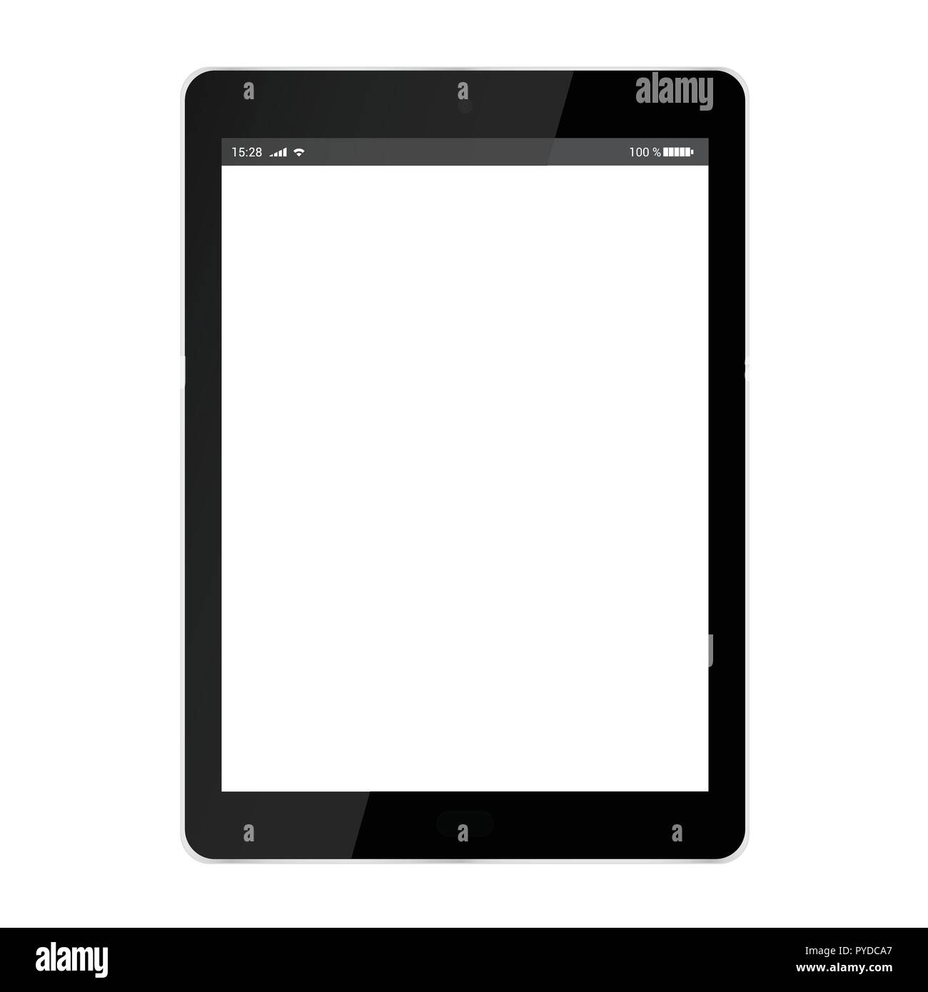 Realistische Abbildung der schwarzen Tafel mit weißer Touchscreen mit Akku, WLAN und Mobilfunknetz Symbole, mit Blendschutz, isoliert auf weißem backgrou Stock Vektor