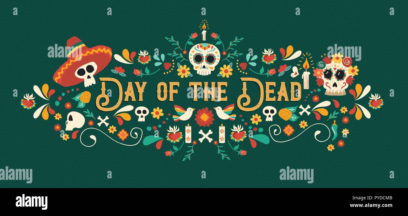 Tag der Toten Sugar Skull Banner für mexikanische Feier, traditionelle Mexiko Skelett Dekoration mit Typografie und farbenfrohe Kunst. Stock Vektor