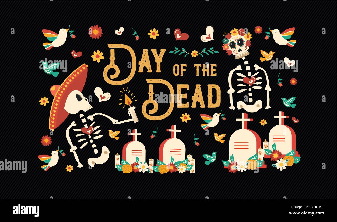 Tag der Toten Sugar Skull Banner für mexikanische Feier, traditionelle Mexiko Skelett Dekoration mit Typografie und farbenfrohe Kunst. Stock Vektor