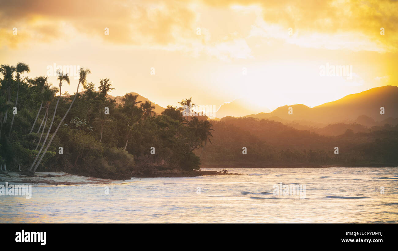Sunset Beach mit hohen Palmen und glühenden Himmel Stockfoto