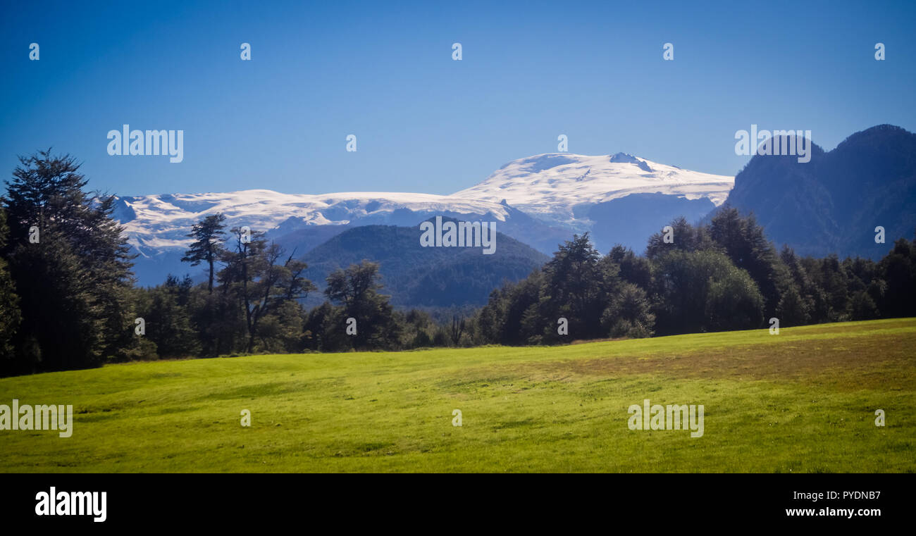 Chilenischen Patagonien Landschaft im pumalin Park im Sommer mit einem schneebedeckten Vulkan Stockfoto