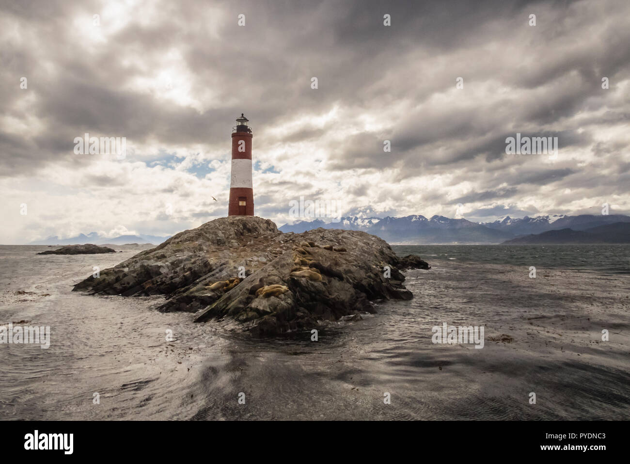 Leuchtturm Les Eclaireurs Insel in der Mitte des Beagle Kanal, in der Nähe von Ushuaia Stadt in Argentinien. Insel Feuerland, Patagonien. Stockfoto