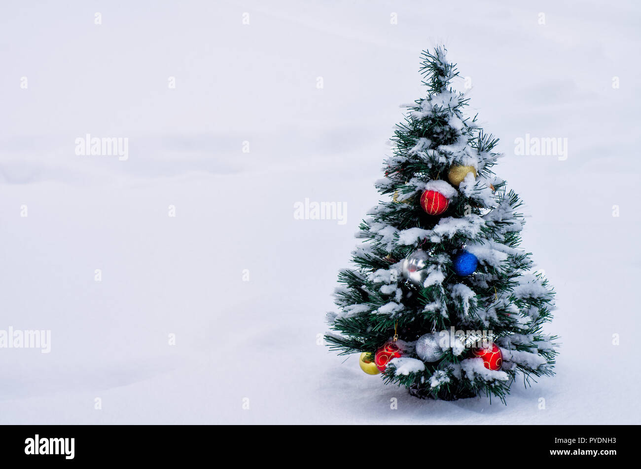Weihnachtsschmuck auf dem Baum. Weihnachten Tanne im Winter von drinnen nach draußen. Weihnachtsbaum auf der Straße im Schnee. Stockfoto