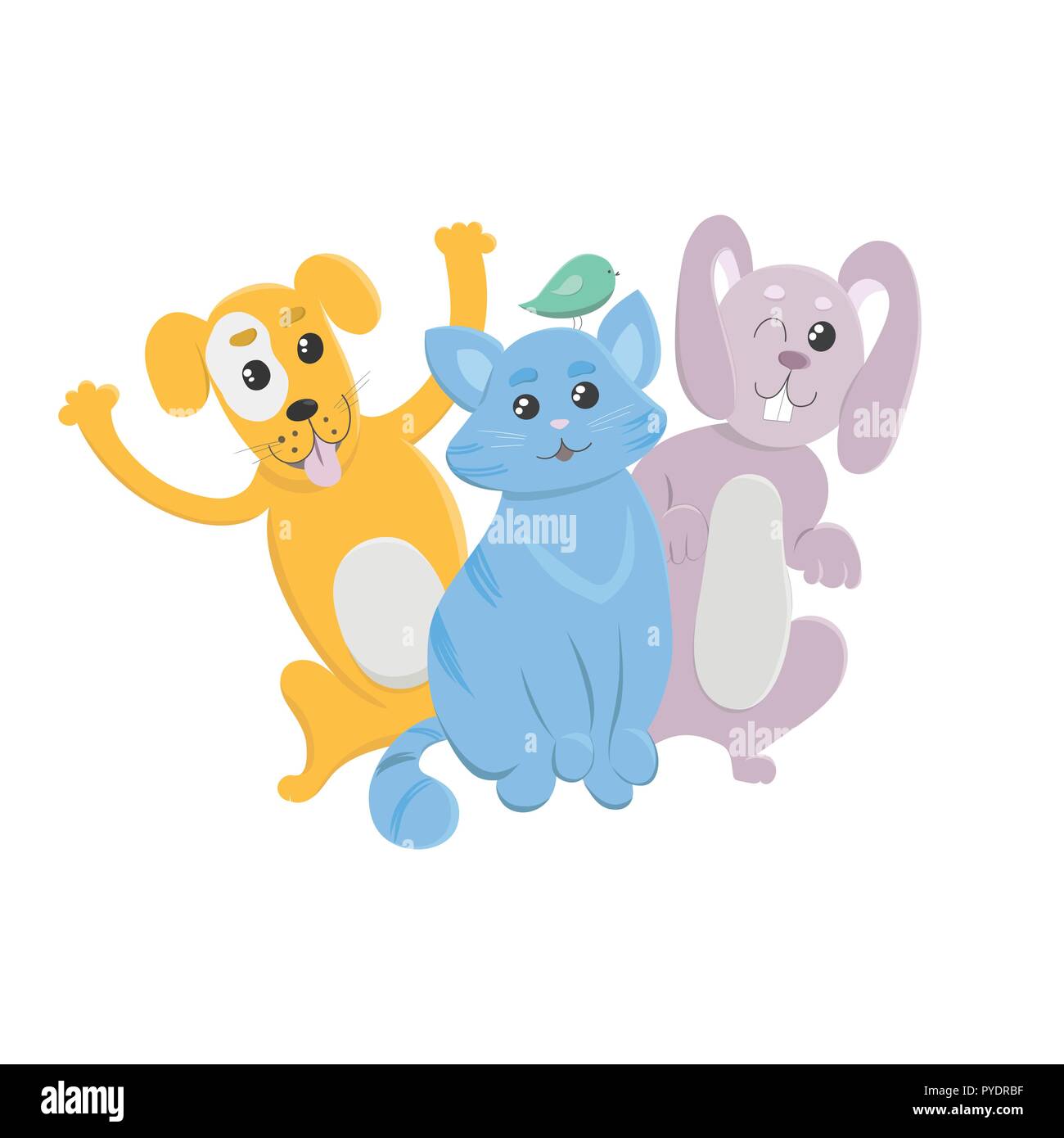 Glückliche Tiere auf weißem Hintergrund. Pet Shop Zeichen. Satz von Cartoon Tiere für Ihr Design. Gelber Hund, blaue Katze, rosa Häschen und Grünen bir Stock Vektor