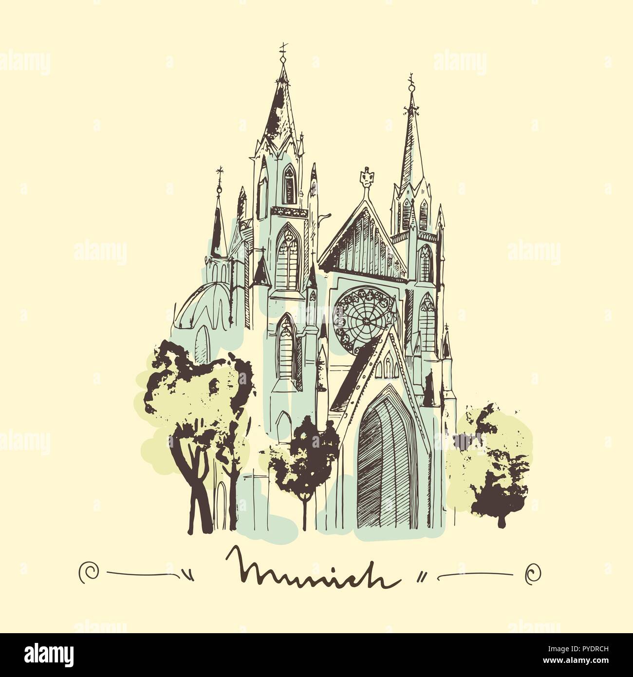 Skizze der St. Paul Kirche in München Hand gezeichnet Abbildung. Gotische Kathedrale als Wahrzeichen von München. Stock Vektor