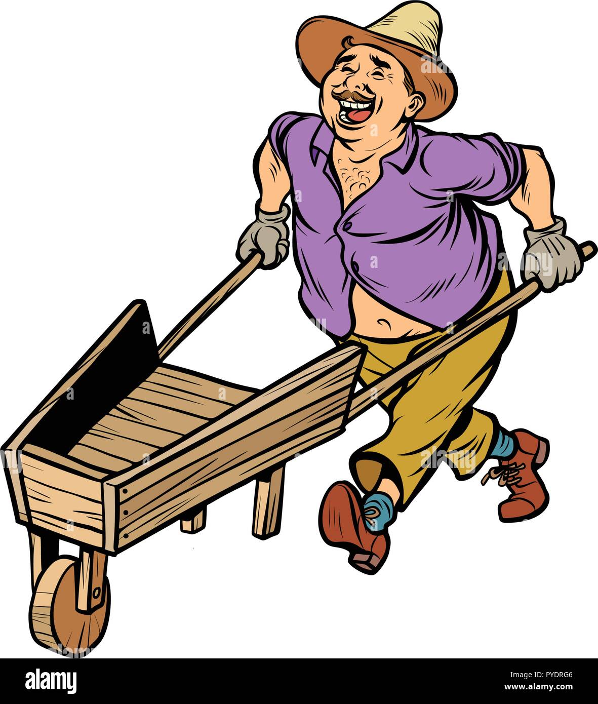 Bauer, der Mann mit der Schubkarre aus Holz. Auf weissem Hintergrund ...