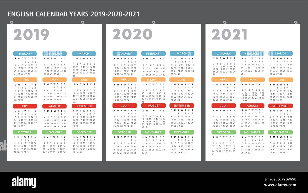 Englisch Kalender 2019 2020 2021 Vector Template Text Umriss Stock Vektorgrafik Alamy englischer kalender 2021