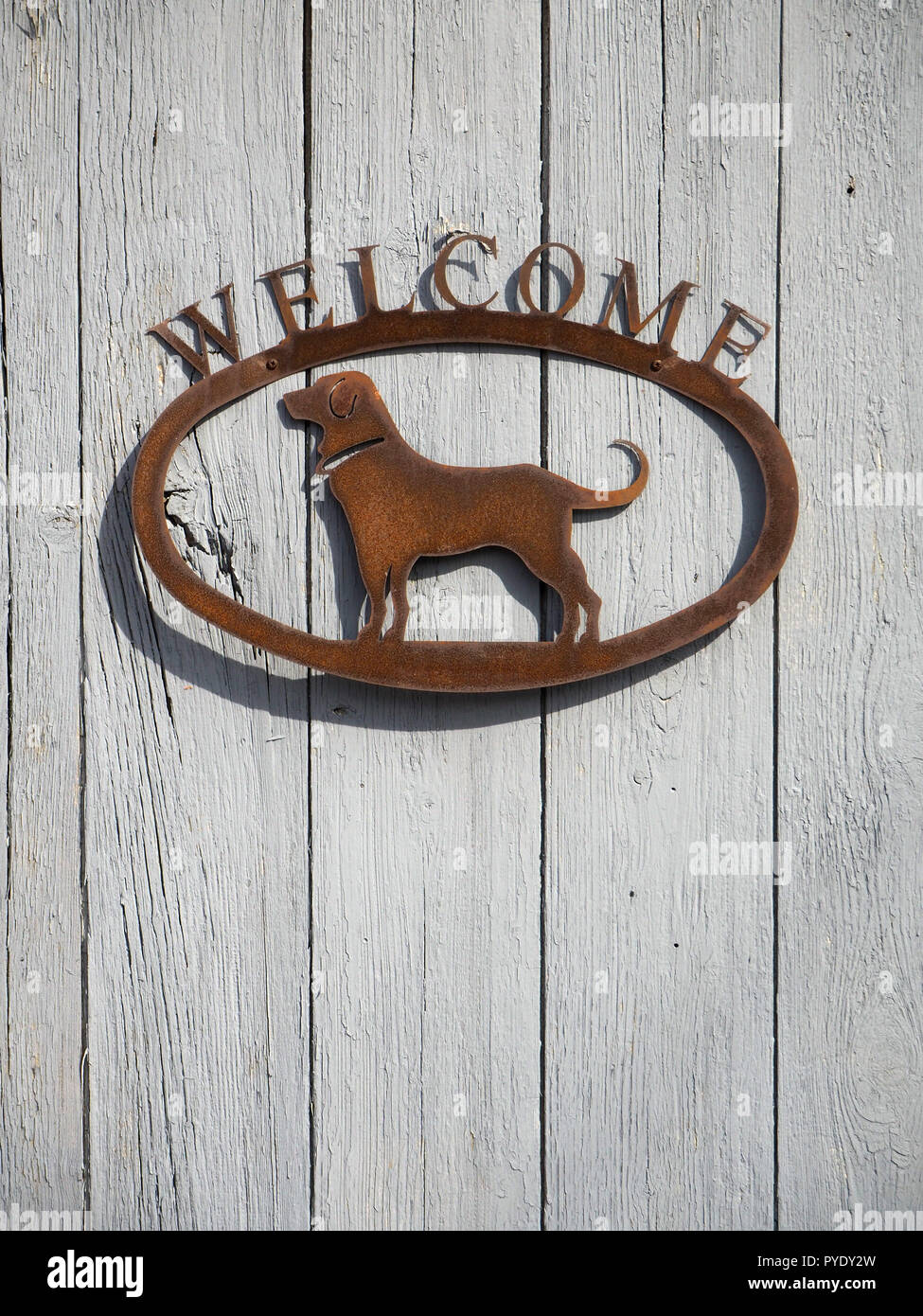 Schild mit Hund detail Willkommen Stockfoto
