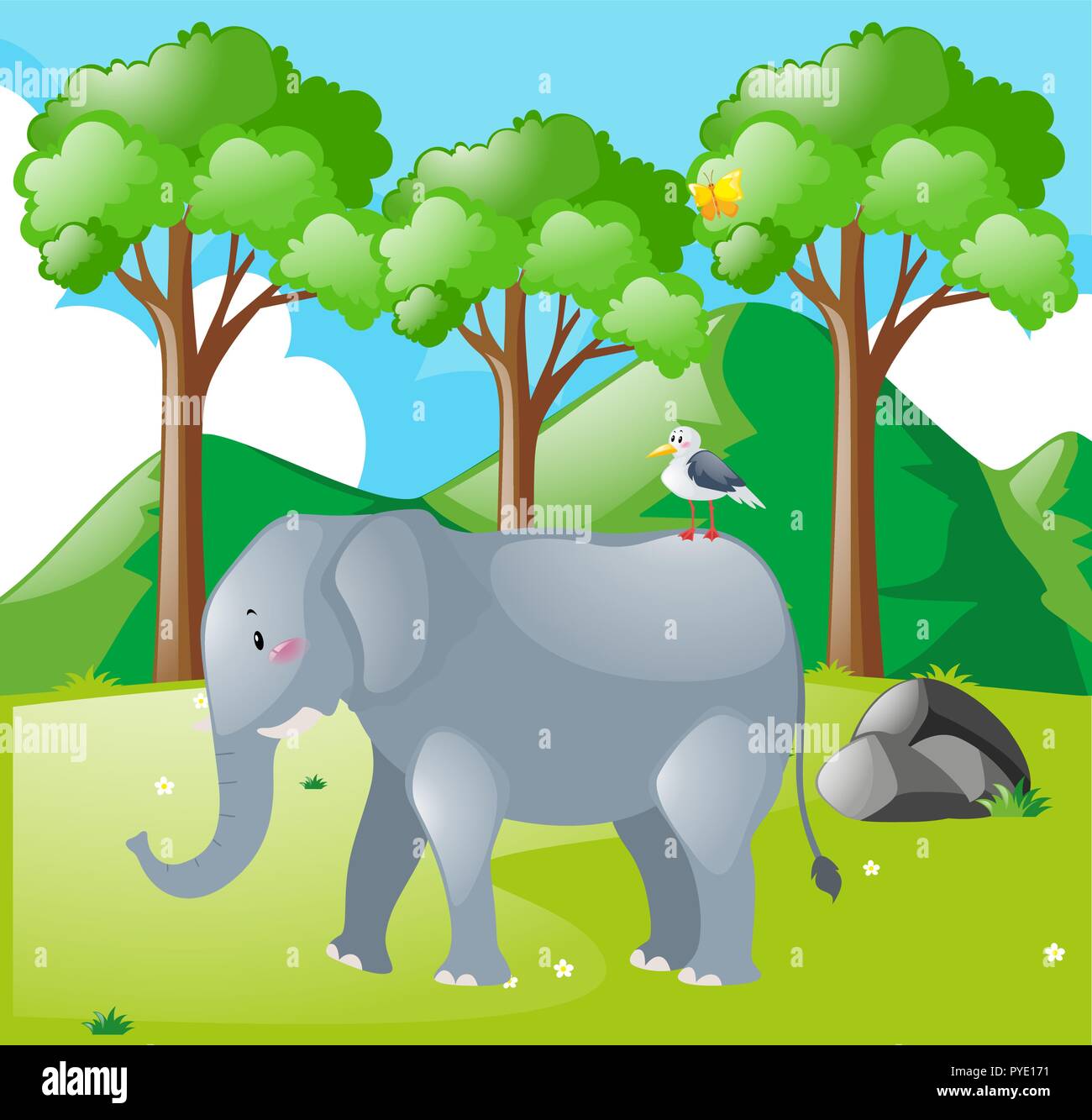 Szene mit Elefant und Vogel im Bereich Illustration Stock Vektor