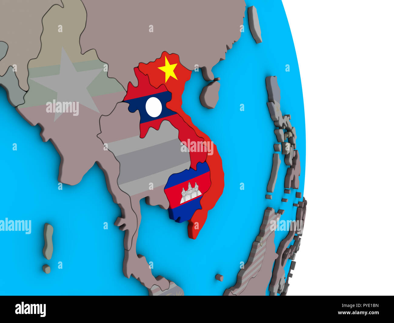 Indochina mit integrierten nationalen Flaggen auf einfache politische 3D-Globus. 3D-Darstellung. Stockfoto
