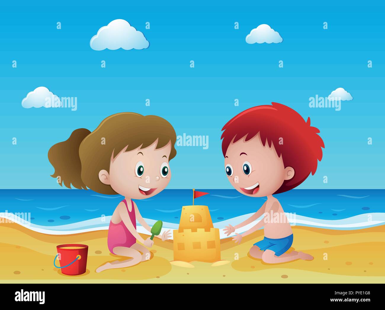 Kinder Spielen Sand Am Strand Abbildung Stock Vektorgrafik Alamy