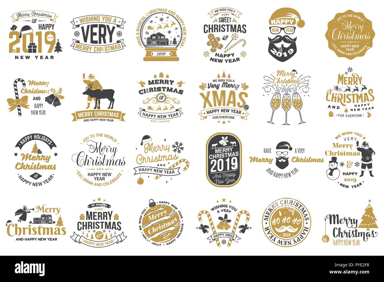 Satz von Frohe Weihnachten und ein glückliches Neues Jahr 2019 Stempel, Sticker Set Angebote mit Schneeflocken, Schneemann, Weihnachtsmann, Süßigkeit, Süßigkeiten, Kekse. Vektor. Vintage Typografie Design für Weihnachten, Neujahr Emblem Stock Vektor