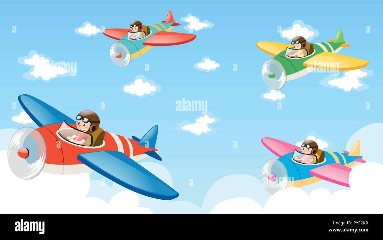 Szene mit vier Piloten fliegen Flugzeug Abbildung Stock Vektor