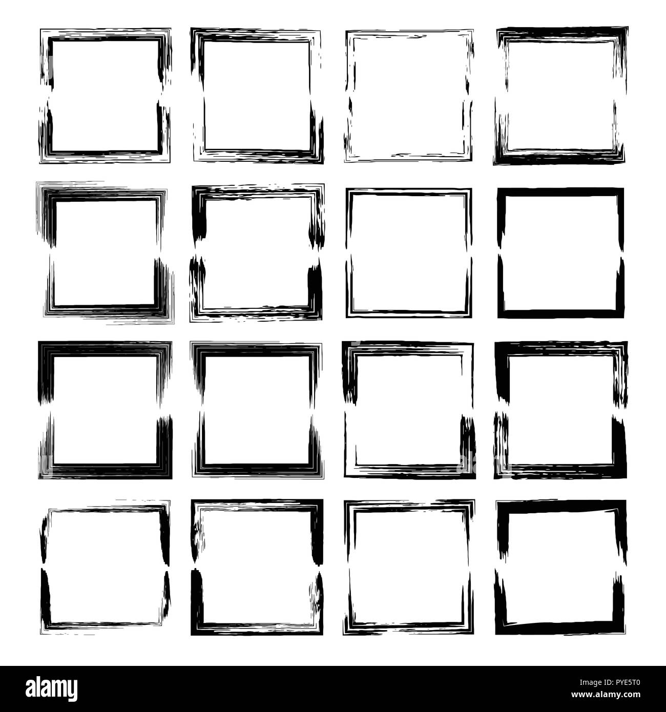 Satz von schwarzen Quadrat grunge Frames. Sammlung von geometrischen Rechteck leer Grenzen. Vector Illustration. Stock Vektor