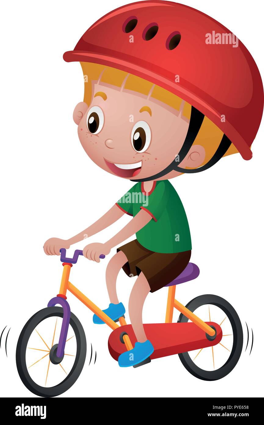 Junge Reiten Fahrrad mit seinem Helm auf der Abbildung Stock Vektor