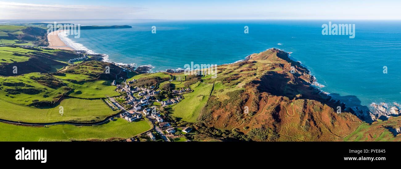 Luftaufnahme über Mortehoe und Woolacombe Bay, North Devon, England Stockfoto