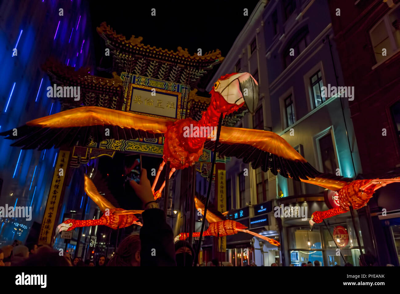 London Lumiere Licht Festival 2018 Flamingo Flyaway in Chinatown von Jo Pockrock Stockfoto