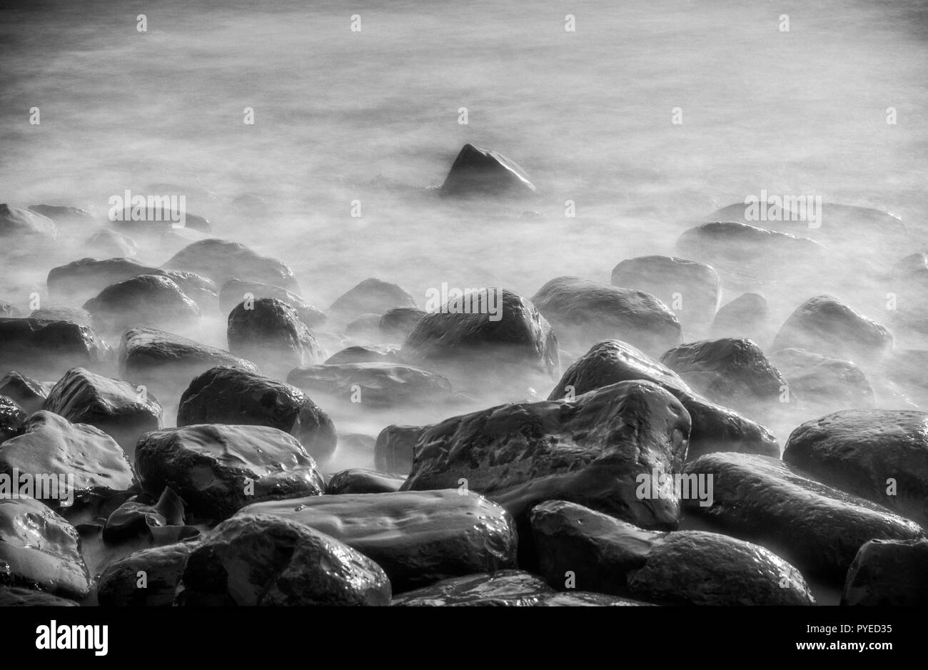 Misty suchen Meer vor Nässe glänzenden Felsen bei Kimmeridge in Dorset, England, UK Läppen Stockfoto