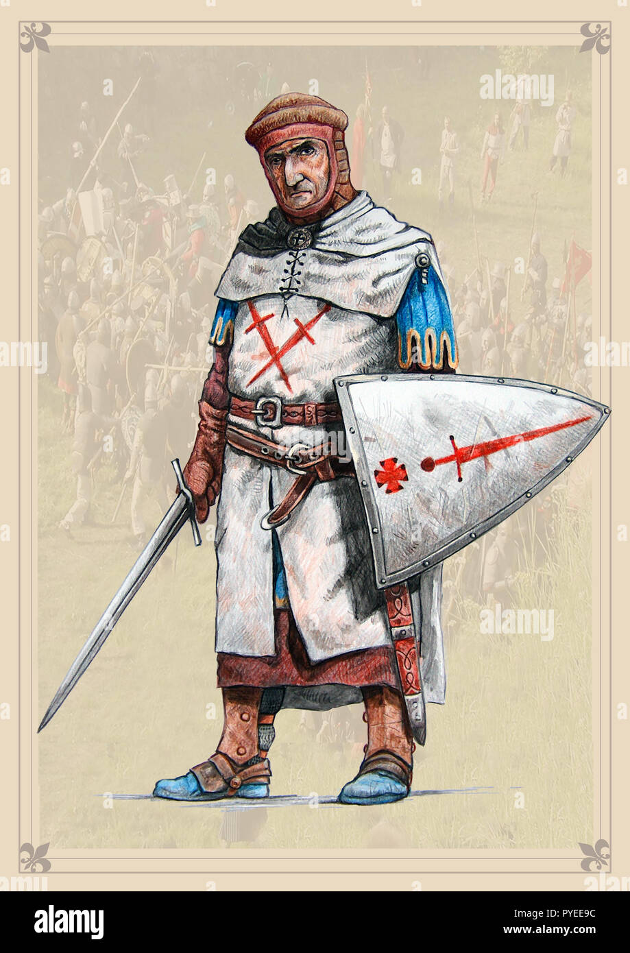 Livländische Schwertbrüder, XIIIc. Mittelalterritter mit Helm. Kreuzfahrer mit Schwert. Stockfoto