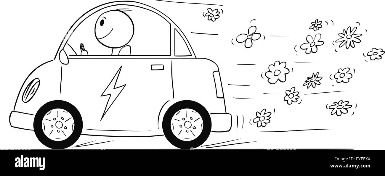 Cartoon von glücklichen Mann, Elektroauto, Blumen aus dem Fahrzeug. Stock Vektor