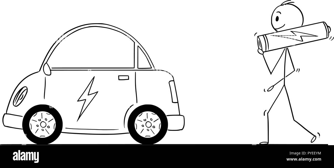 Cartoon von Mann, der großen AA-Batterie als Stromquelle für elektrische Auto Stock Vektor