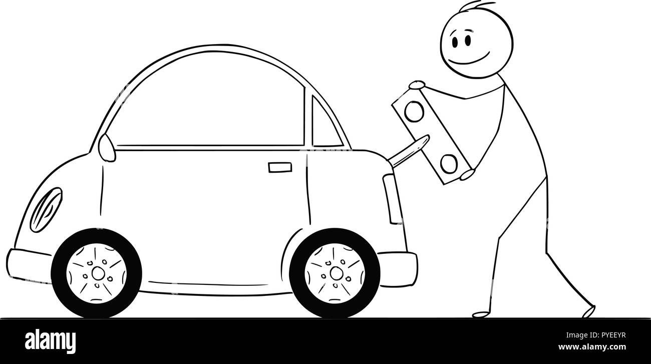 Cartoon von glücklichen Menschen Liquidation oder Aufladen Elektroauto von Spielzeug Schlüssel Stock Vektor