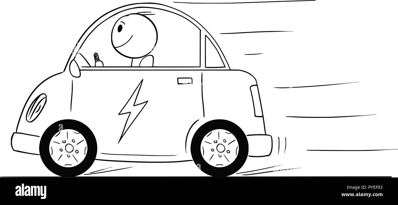 Cartoon von glücklichen Menschen Reiten Elektroauto Stock Vektor