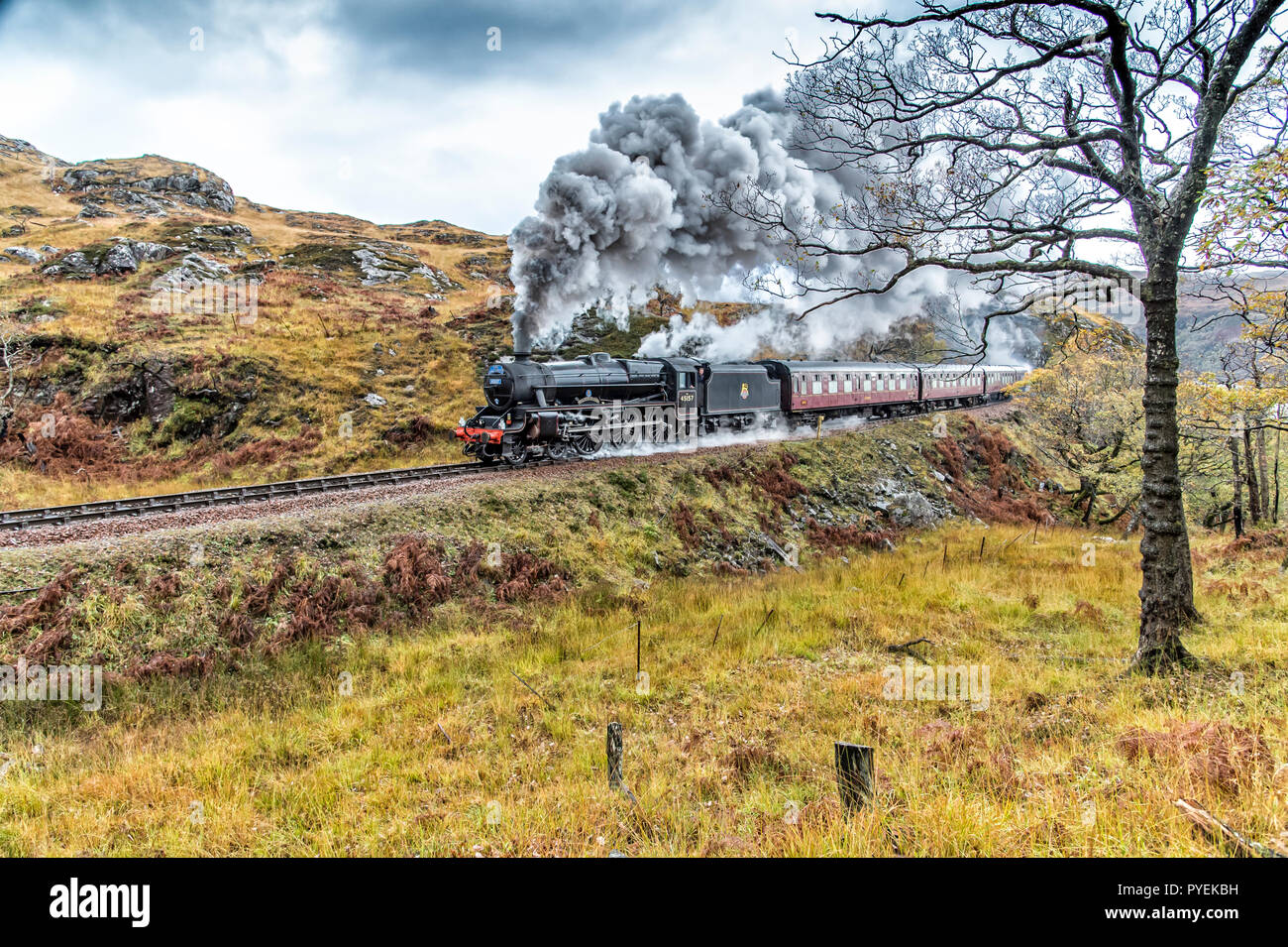 Die jacobite Fort William nach Mallaig Scenic Railway unter der Leitung des LMS Klasse 5 MT 4-6-0 45157, die Glasgow Highlander Dampfzug Stockfoto