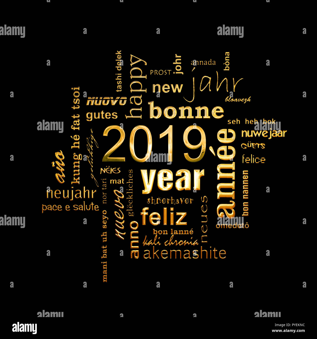 Neues Jahr Grußkarte 2019. Mehrsprachige word Cloud, goldenen Buchstaben auf schwarzem Hintergrund Stockfoto