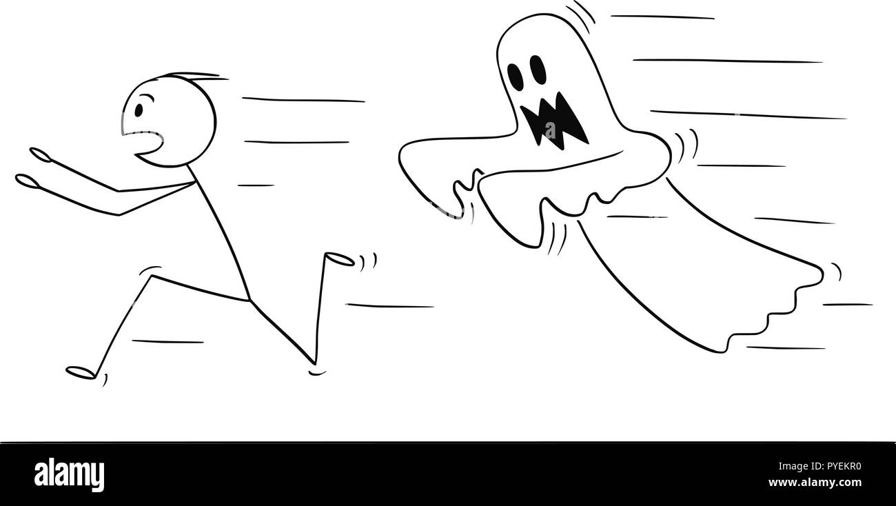 Cartoon von verängstigten Menschen laufen weg von Ghost Stock Vektor
