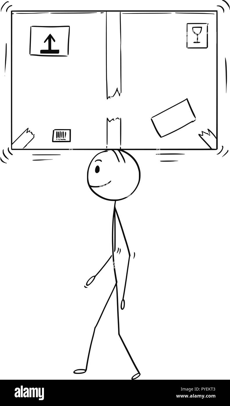 Cartoon von Mann oder Geschäftsmann Balancing großen Karton Karton auf dem Kopf Stock Vektor
