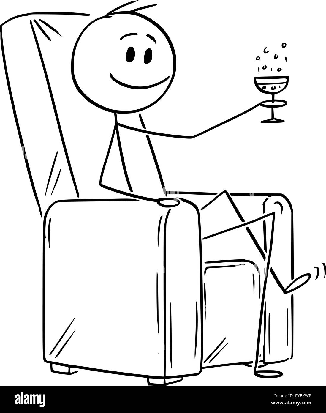 Cartoon von Happy erfolgreicher Mann oder Geschäftsmann in Sessel und ein Glas Champagner oder Wein sitzen Stock Vektor