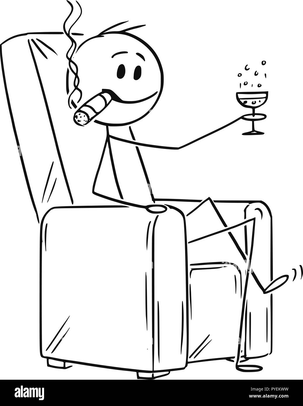 Cartoon von Happy erfolgreicher Mann oder Geschäftsmann mit grossen Zigarre im Sessel und ein Glas Champagner oder Wein sitzen Stock Vektor