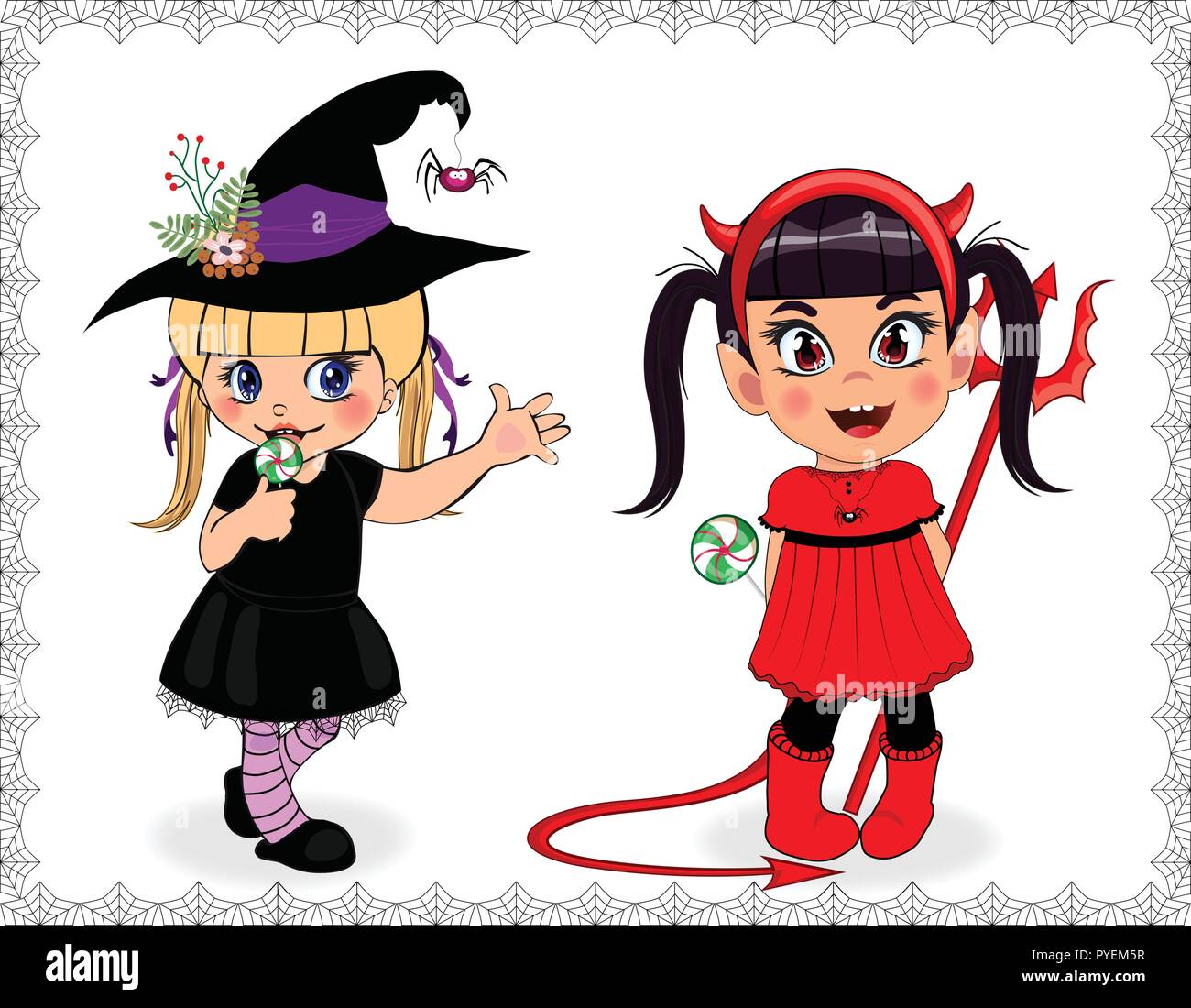 Comicfiguren von kleinen niedlichen Baby Girls in Halloween Kostüme mit Spinnennetz auf weißem Hintergrund eingerahmt. Vector Illustration, clip art für Stock Vektor