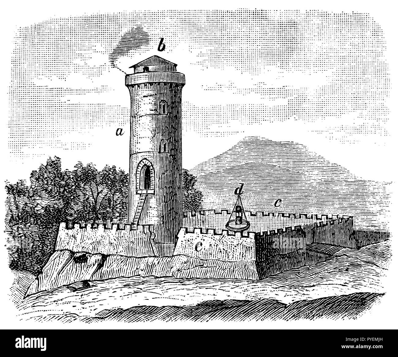 Römische rock fort, von den Grenzanlagen der Römer in Deutschland in den ersten nachchristlichen Jahrhunderten einem Turm. b Spekula mit Feuer Zeichen für die Signalisierung und Beobachtung. c. Stadtmauer mit Zinnen und Eingängen. d Draw, Stockfoto