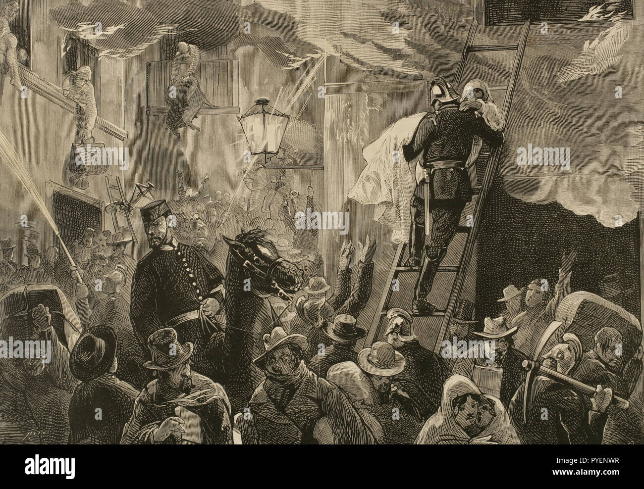 Stadt Iquique (Peruanische Gebiet bis 1878, wenn es im Anhang zu Chile Peru nach der Niederlage in den pazifischen Krieg). Brennen und Zerstörung von Zwanzig - vier Blocks von Häusern aus Iquique, den 27. Oktober 1875. Gravur. La Ilustracion Española y Americana, 1876. Stockfoto