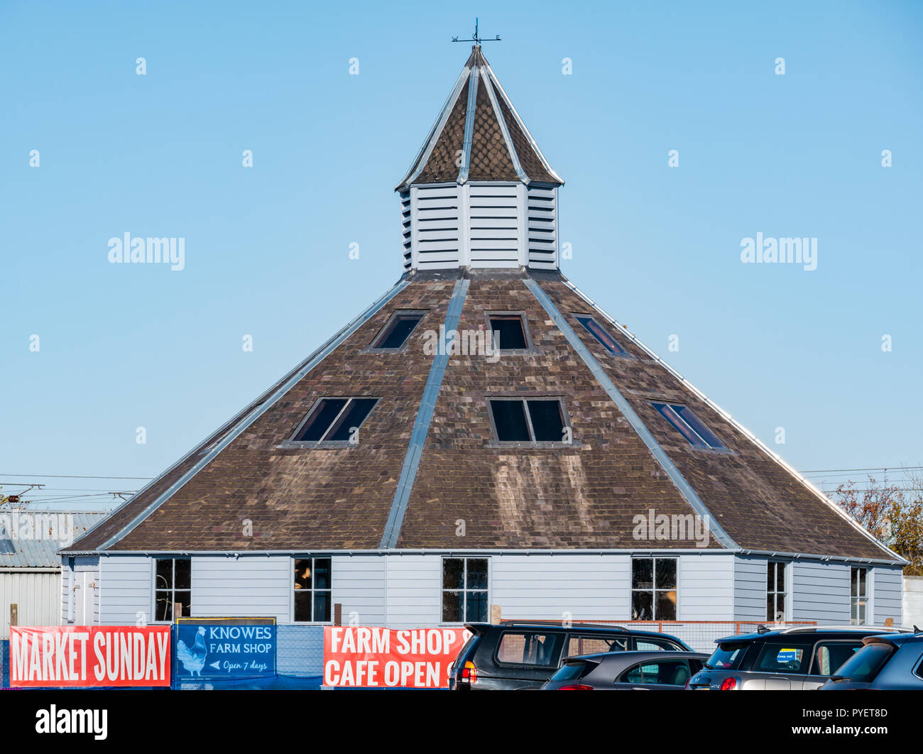 Ungewöhnliches historisches achteckiges Holzgebäude, Old Salegground, ehemaliger Auktionsmarkt, East Linton, East Lothian, Schottland, Großbritannien Stockfoto