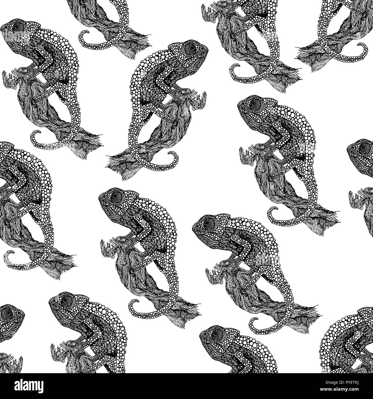 Schwarze und weiße Aquarell Chameleon nahtlose Muster mit Schmetterlingen, tropische Blumen, Zweige und Blätter. Botanische monochrome klassische Abbildung Stockfoto