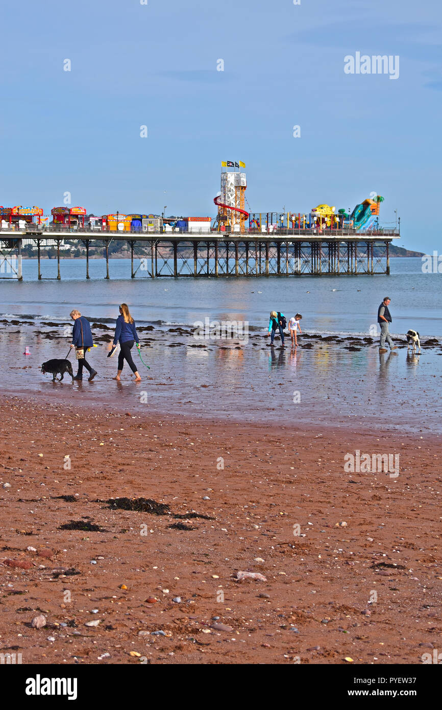 Paignton Pier bei Ebbe, am späten Nachmittag Sonne. Stockfoto