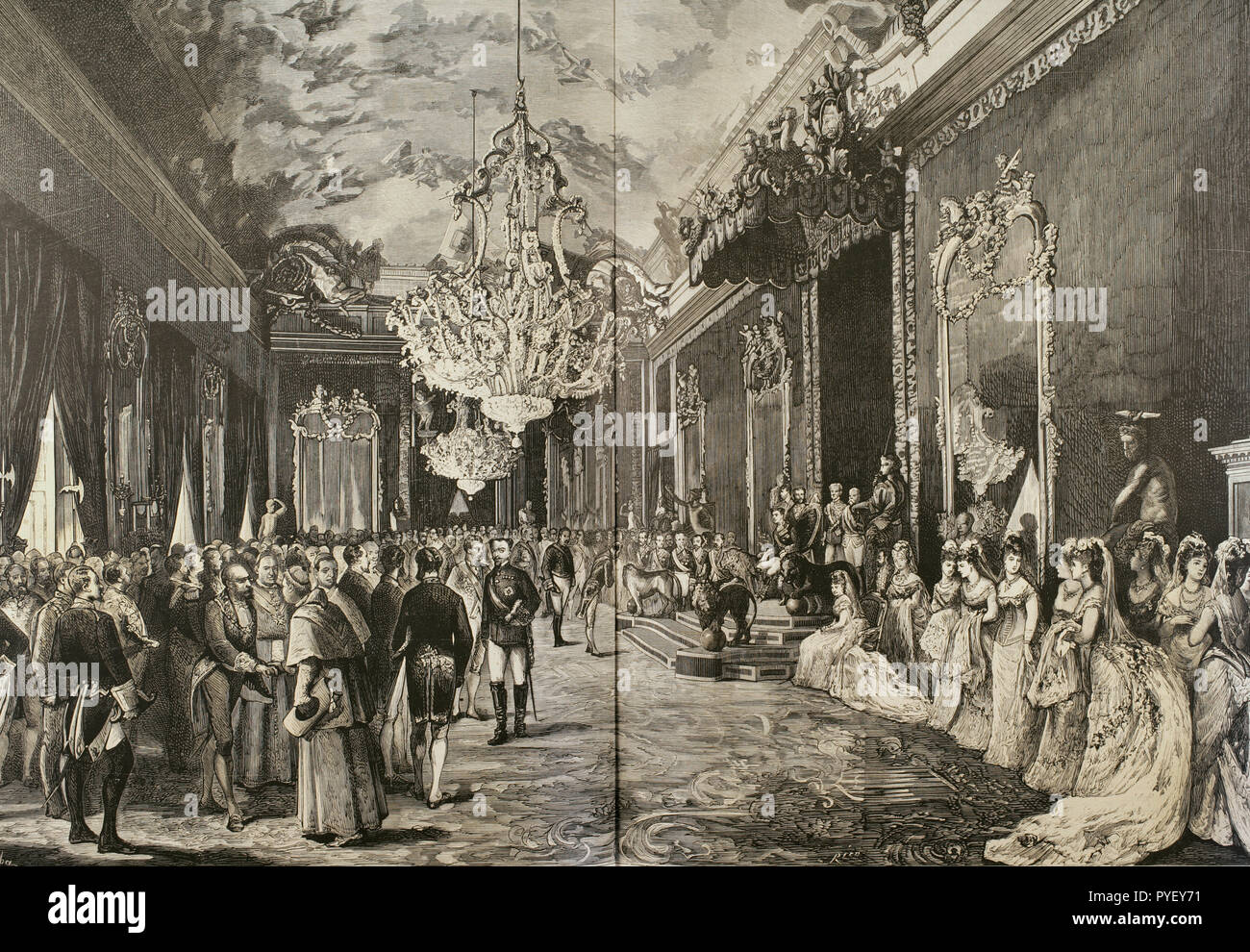 Bourbon Restaurierung. Spanien, Madrid. Offizieller Empfang im Thronsaal des Königlichen Palastes, in der Feier der Tage von Alfonso Xll, König von Spanien, (1857-1885), am 23. Januar. Zeichnung von K... Gravur. La Ilustracion Española y Americana. Januar 30, 1876. Stockfoto