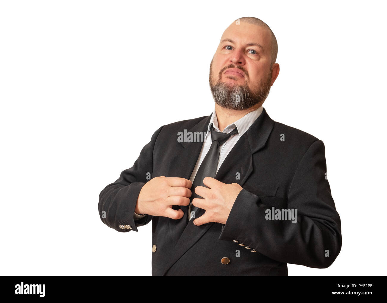 Der Mann, der den Stolzen und stolzen Blick in eine Jacke mit einem Riegel und einen Bart. Stockfoto