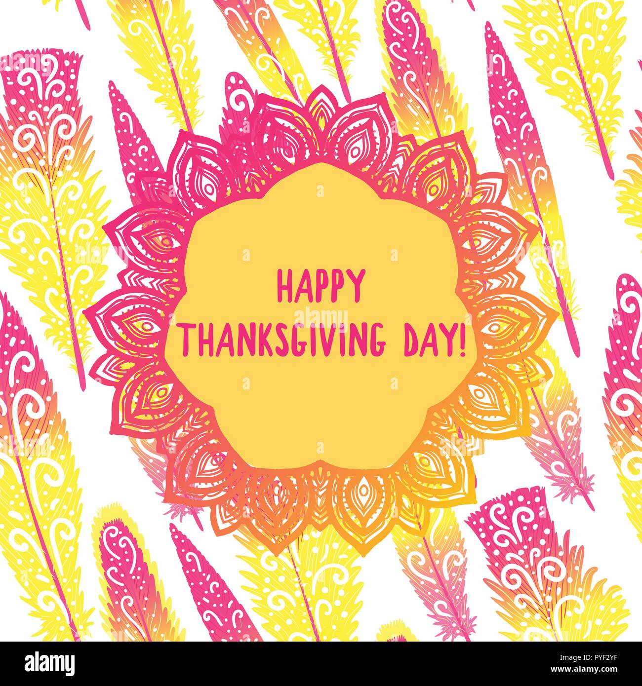 Happy Thanksgiving Day Karte. Handzeichnung runde ornament Rahmen. Cartoon helles Gelb mit Rosa Federn nahtlose Muster. Vector Abbildung: auf weißem Hintergrund. Stock Vektor