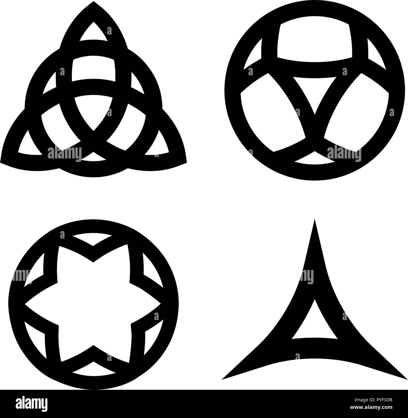 Vektor einrichten Der wiccan Symbole und Icons, die auf weißen Hintergrund isoliert. Pagan triquetra und Keltischer Knoten und andere Zeichen. Stock Vektor