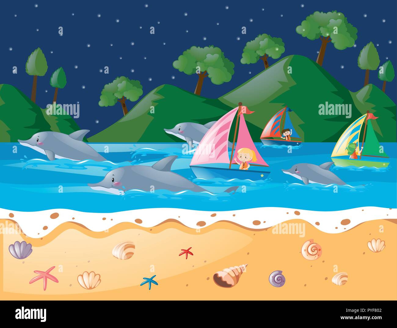 Ozean Szene mit Delfinen und Segelboot Abbildung Stock Vektor